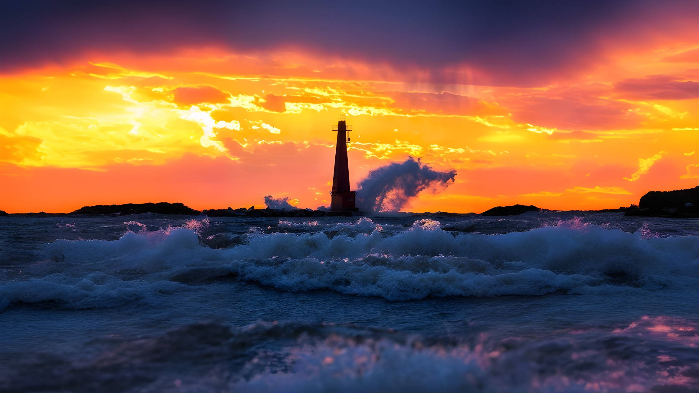 Silhouette of lighthouse against vibrant orange sky, with crashing waves in foreground